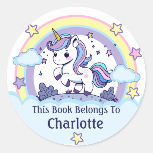 Pegatina Redonda Ex libris personalizado de unicornio pastel adorab