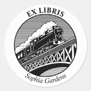 Pegatina Redonda Ex Libris - Tren de vapor en un puente