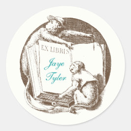 Pegatina Redonda Ex Libris Vintage Monkeys Bookplate