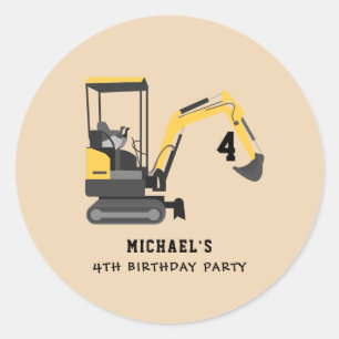 Pegatina Redonda Excavator Construction 4º Personalizado de cumplea