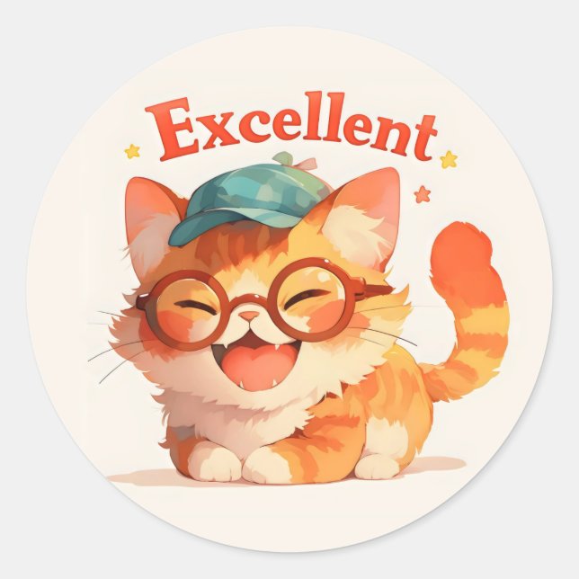 Pegatina Redonda Excelente Gato Feliz (Anverso)
