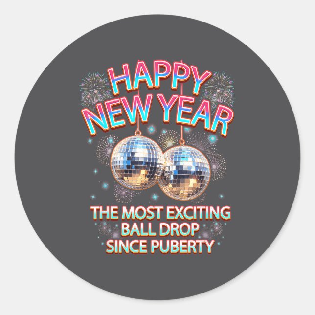 Pegatina Redonda Exciting Ball Drop Since-puberty Happy New Year Di (Anverso)