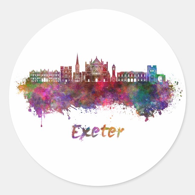 Pegatina Redonda Exeter skyline in watercolor (Anverso)
