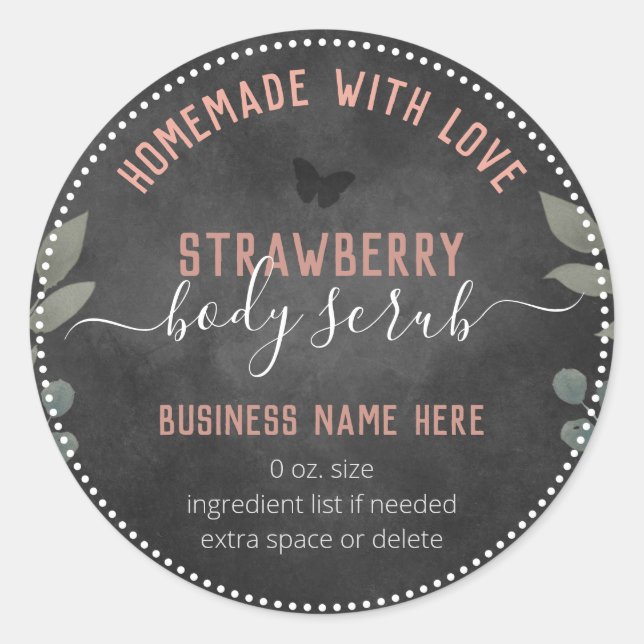 Pegatina Redonda Exfoliante Corporal Personalizado de Mariposas Flo (Anverso)