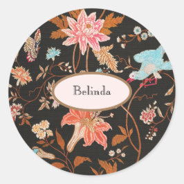 Pegatina Redonda Exotic Asian Birds And Flowers Embroidery
