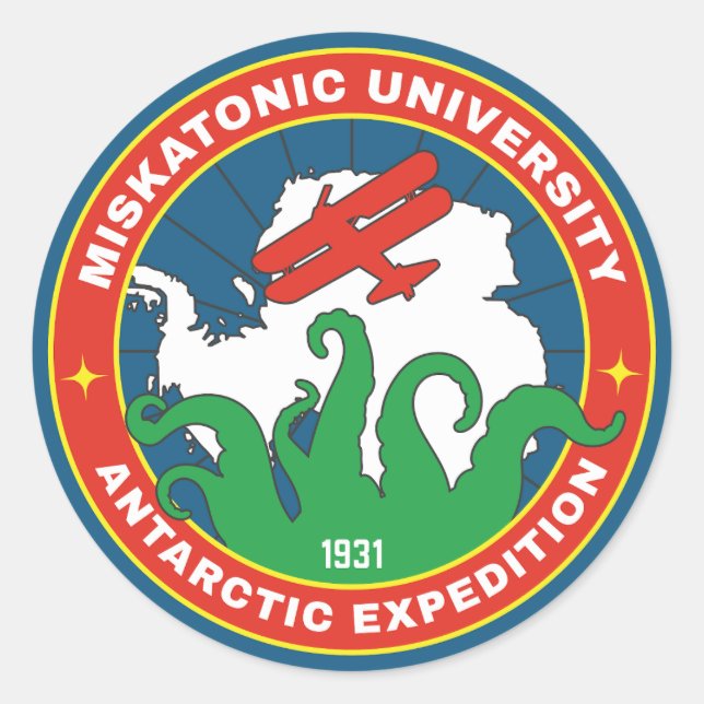 Pegatina Redonda Expedición Antártica de la Universidad Miskatónica (Anverso)