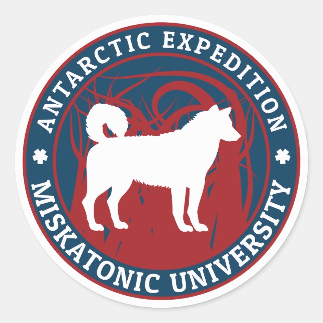 Pegatina Redonda Expedición Antártica de la Universidad Miskatónica (Anverso)