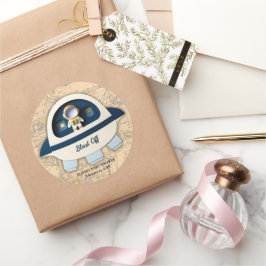 Pegatina Redonda ¡Explosión! Baby Shower de astronauta vintage mode