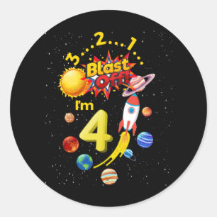 Pegatina Redonda Explosión de cumpleaños en 4 cohete astronauta