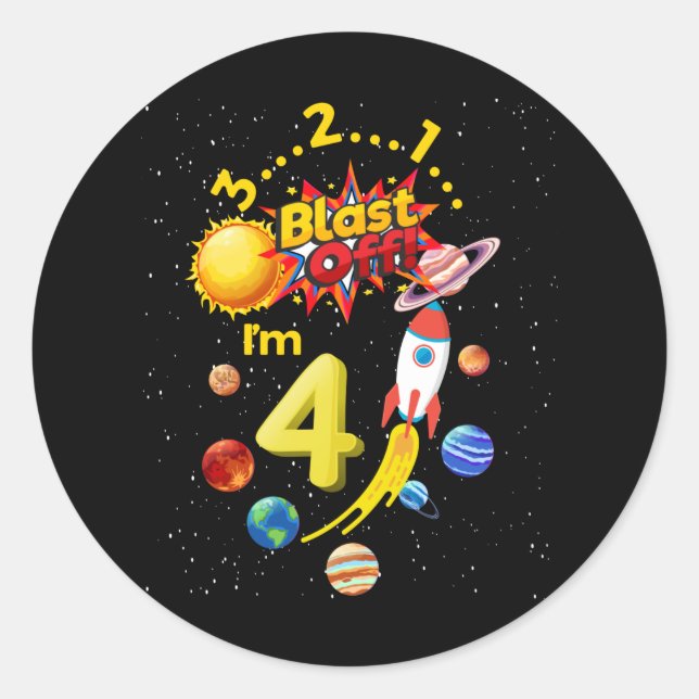Pegatina Redonda Explosión de cumpleaños en 4 cohete astronauta (Anverso)