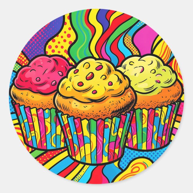 Pegatina Redonda Explosión de Cupcakes de Arcoíris Pop Art (Anverso)
