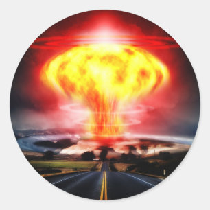 Pegatina Redonda Explosión nuclear ilustracion en nube de hongos