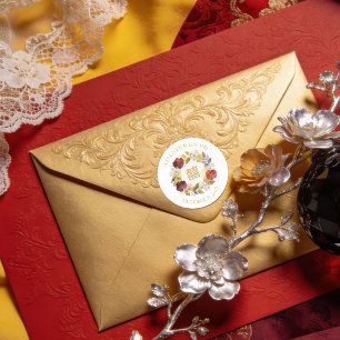 Pegatina Redonda Exquisite Elegant Floral Chinese Double Happiness 