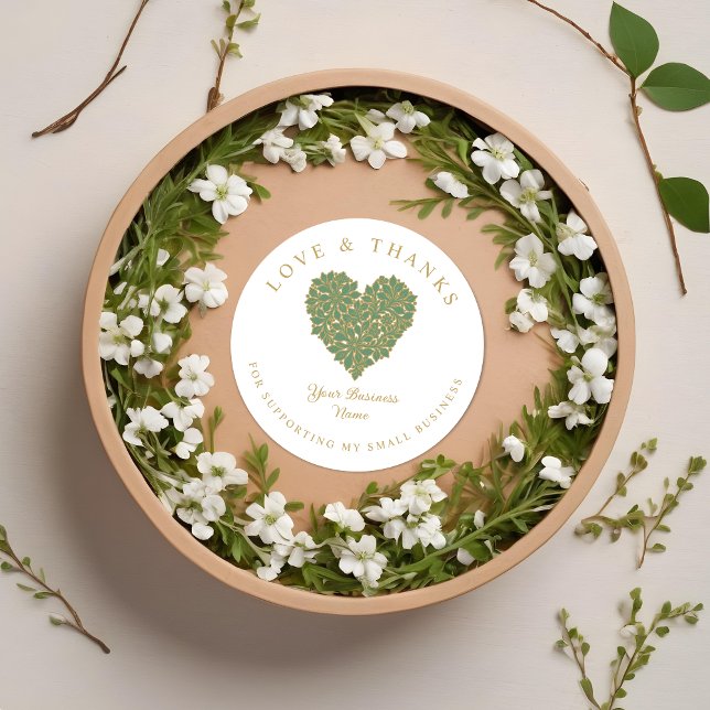 Pegatina Redonda Exquisite Floral Gorgeous Green and Gold Effect (Exquisite Round Stickers with Floral Design in Green and Gold Effect with the Phrase Love & Thanks.)