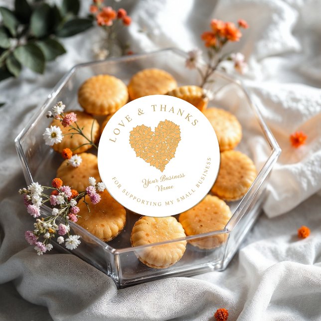Pegatina Redonda Exquisite Floral Gorgeous Orange & Gold Effect (Exquisite Round Stickers with Floral Design in Orange & Gold Effect with the Phrase Love & Thanks.)