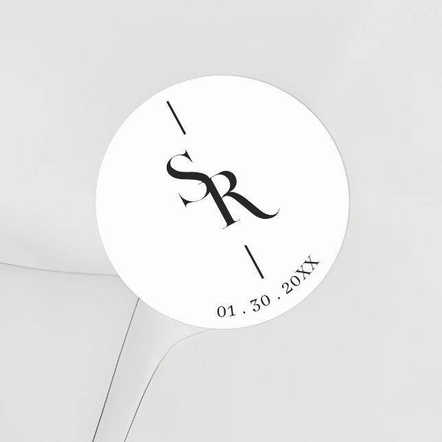 Pegatina Redonda Exquisite Minimalist Black & White Initials (Exquisite Minimalist Black & White Wedding Initials Classic Round Sticker. )