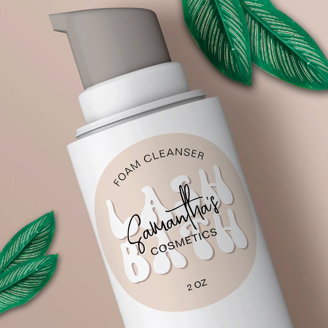 Pegatina Redonda Extensiones de baño de ceniza retro estético beige (Cute cream and white lash bath labels with retro fonts and space for your brand name)
