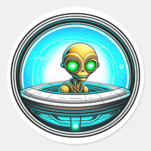 Pegatina Redonda Extranjero terrestre volando en un OVNI
