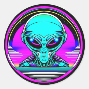 Pegatina Redonda Extranjero terrestre volando un OVNI