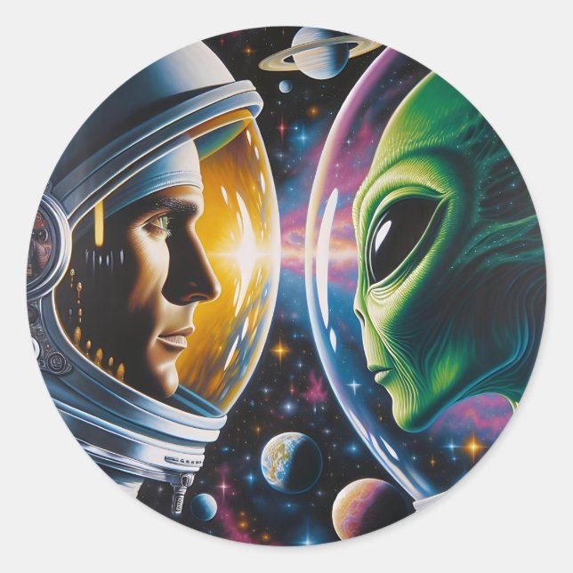 Pegatina Redonda Extranjero y astronauta en el espacio (Anverso)
