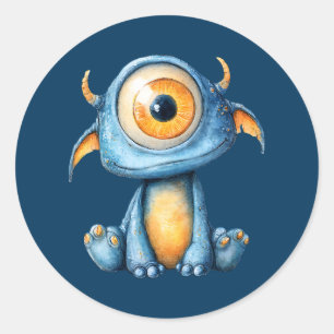 Pegatina Redonda Extraterrestre Acuarela Alien Cute Azul Marino