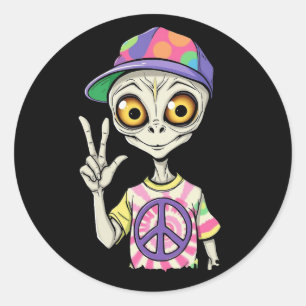Pegatina Redonda Extraterrestre muestra la Señal de Paz con la Mano