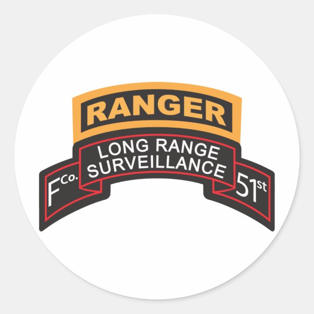 Pegatina Redonda F Co 51ª Infantería LRS Scroll, Ranger Tab (Anverso)