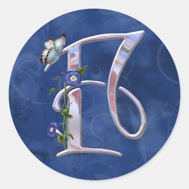 Pegatina Redonda F inicial de mariposa preciada (Anverso)