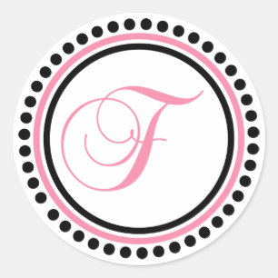Pegatina Redonda F Monograma (Círculo de puntos rosado claro/negro)