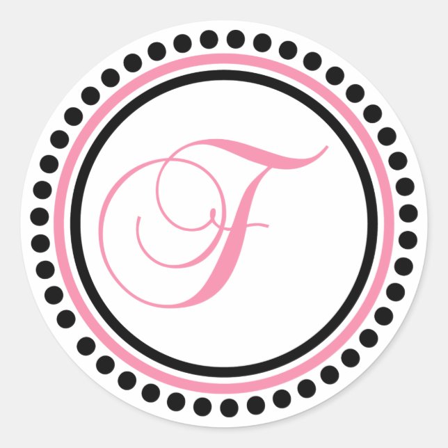 Pegatina Redonda F Monograma (Círculo de puntos rosado claro/negro) (Anverso)