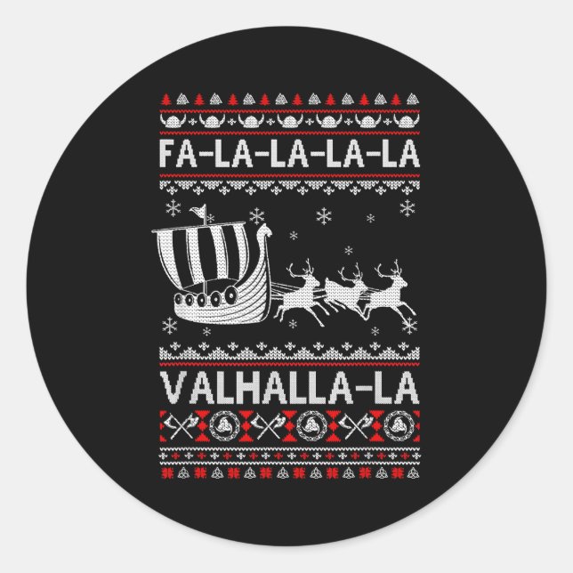 Pegatina Redonda Fa La La Valhalla Viking Ship Christmas Xmas Ugly  (Anverso)