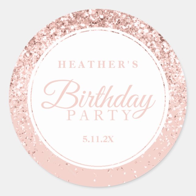 Pegatina Redonda Fab Birthday Party, Purpurina Rosa de Oro (Anverso)