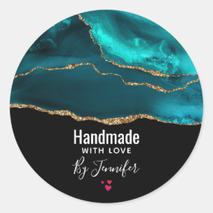 Pegatina Redonda Fabricado a mano con amor Agate Verde azulado mode