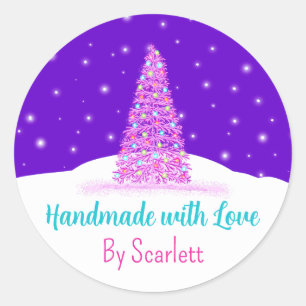 Pegatina Redonda Fabricado a mano con amor Árbol de Navidad púrpura
