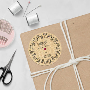 Pegatina Redonda Fabricado a mano con amor Artesanía personalizada
