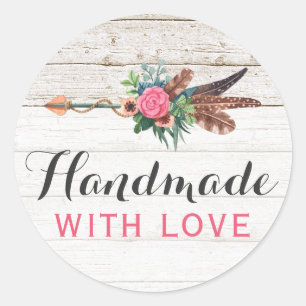 Pegatina Redonda Fabricado a mano con amor Bohemian Feather Arrow R