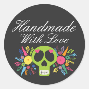 Pegatina Redonda Fabricado a mano con amor Calavera Mexicana
