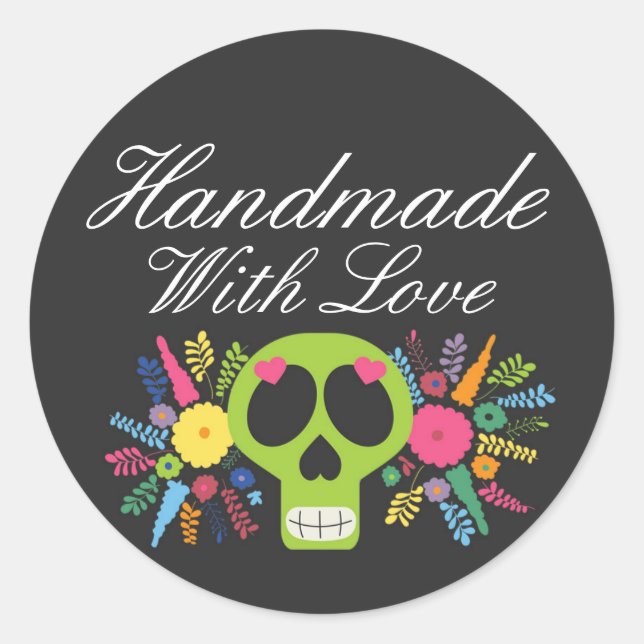 Pegatina Redonda Fabricado a mano con amor Calavera Mexicana (Anverso)