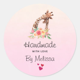 Pegatina Redonda Fabricado a mano con amor Cute Giraffe Mom & Baby