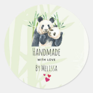 Pegatina Redonda Fabricado a mano con amor Cute Panda Bears Cuddlin