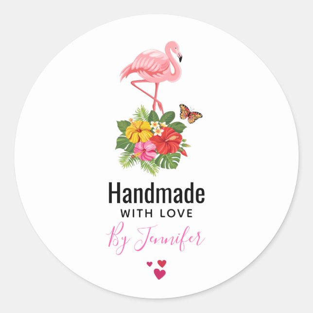 Pegatina Redonda Fabricado a mano con amor Flamingo rosa y Flora tr (Anverso)