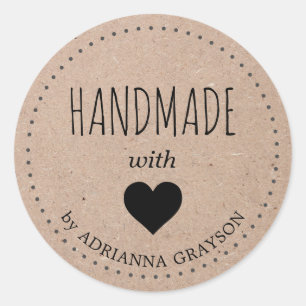 Pegatina Redonda Fabricado a mano con amor Kraft Paper Heart