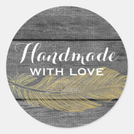 Pegatina Redonda Fabricado a mano con amor Madera Rústica y pluma d