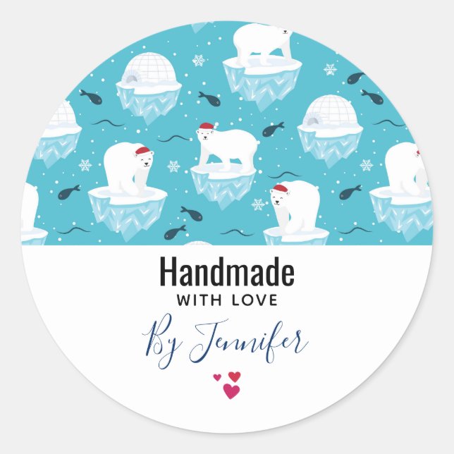 Pegatina Redonda Fabricado a mano con amor Navidades de pelo osos o (Anverso)