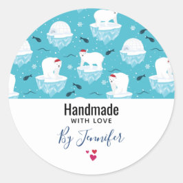 Pegatina Redonda Fabricado a mano con amor Navidades de pelo osos o
