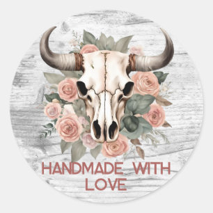 Pegatina Redonda Fabricado a mano con amor Rústico Floral Bull Horn