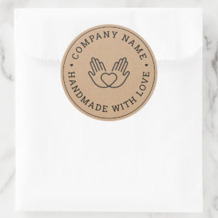Pegatina Redonda Fabricado a mano con Love Business Rustic Kraft