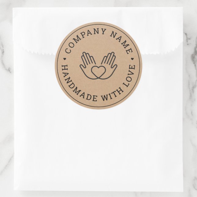 Pegatina Redonda Fabricado a mano con Love Business Rustic Kraft (Bolso)