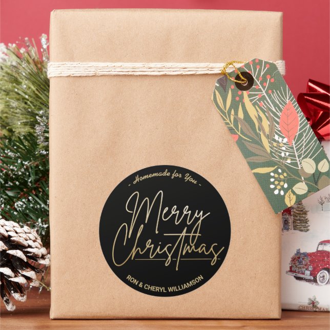 Pegatina Redonda Fabricado a mano para ti dorado Feliz Navidad negr (Vacaciones)