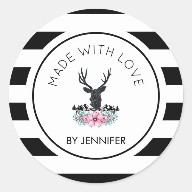 Pegatina Redonda Fabricado con la cabeza de ciervo amoroso con flor (Anverso)